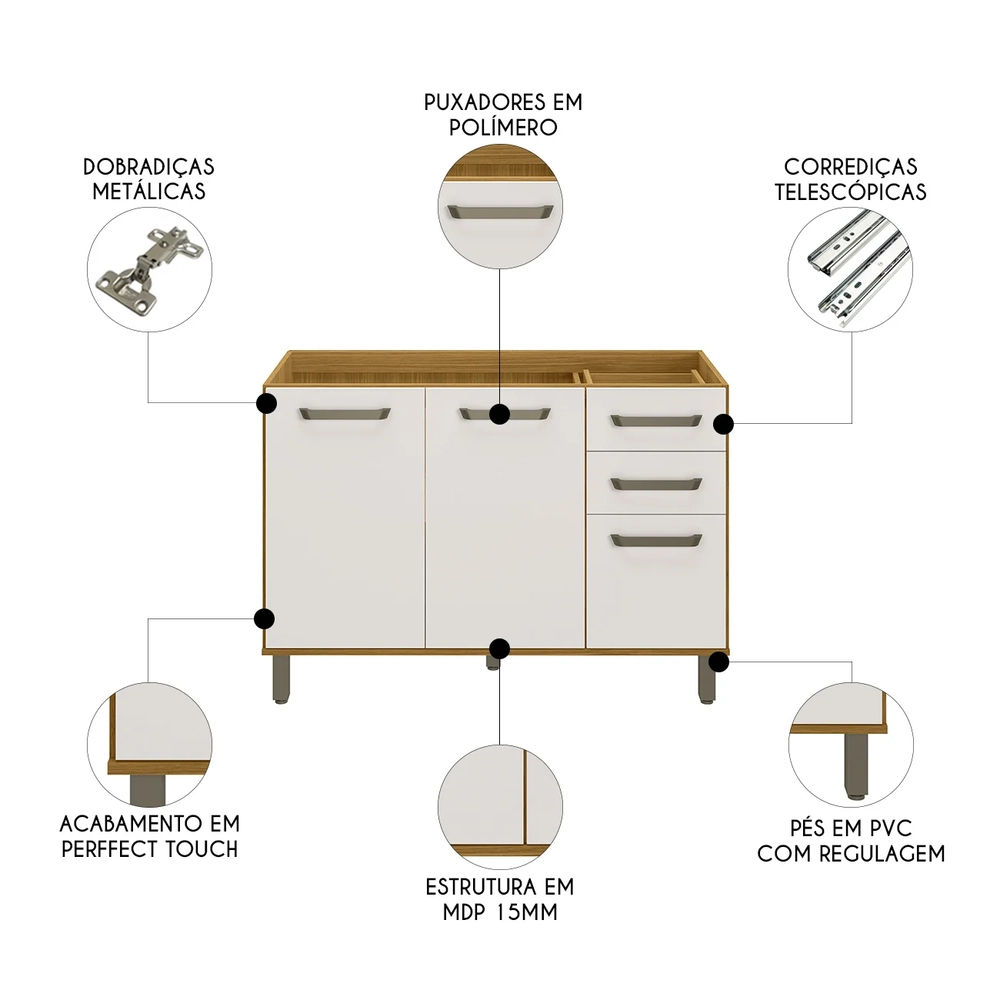 Balcão de Cozinha Para Pia 120cm Rita Freijó/Off Acetinado Z44 - Mpozenato