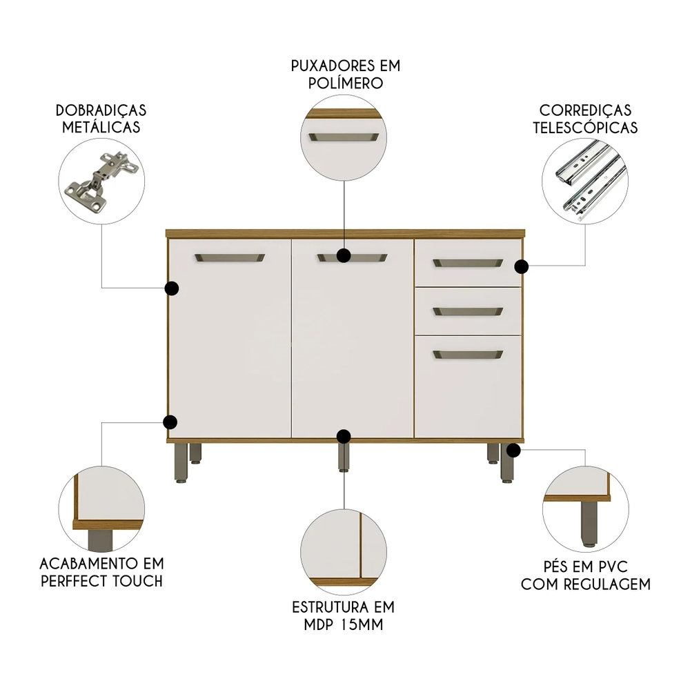 Balcão de Cozinha e Tampo 120cm Rita Freijó/Off Acetinado Z44 - Mpozenato