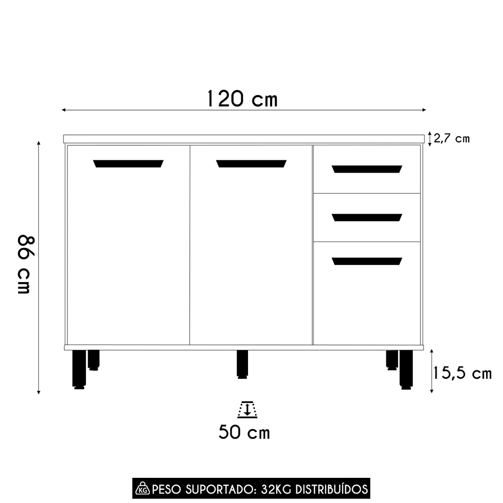 Balcão de Cozinha e Tampo 120cm Rita Freijó/Off Acetinado Z44 - Mpozenato