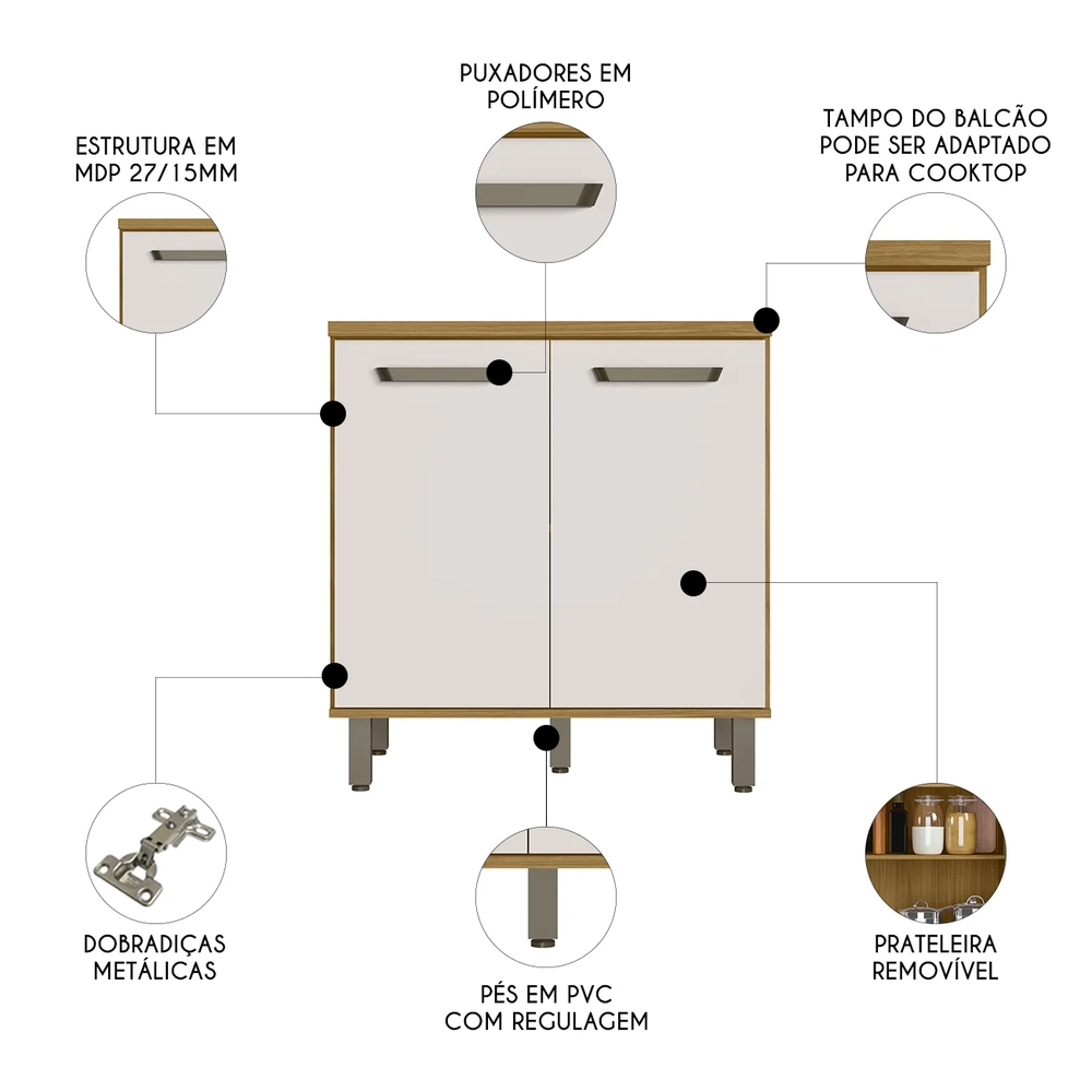 Balcão de Cozinha Para Cooktop 80cm Rita Freijó/Off Acetinado Z44 - Mpozenato