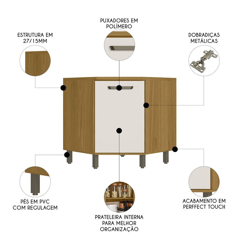 Balcão de Canto Oblíquo 80cm Rita Freijó/Off Acetinado Z44  - Mpozenato