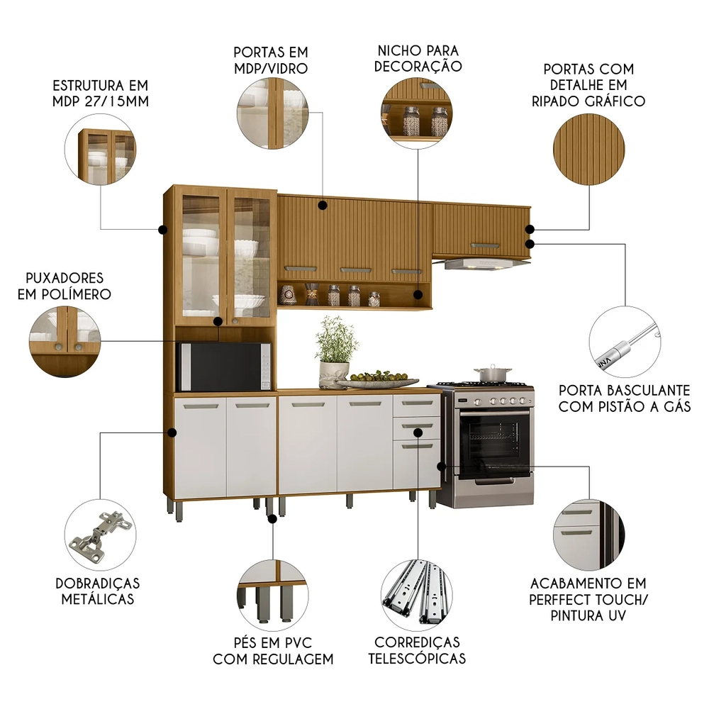 Armário Cozinha CP01 e Tampo Rita Freijó/Ripado/Off Acetinado Z44 - Mpozenato