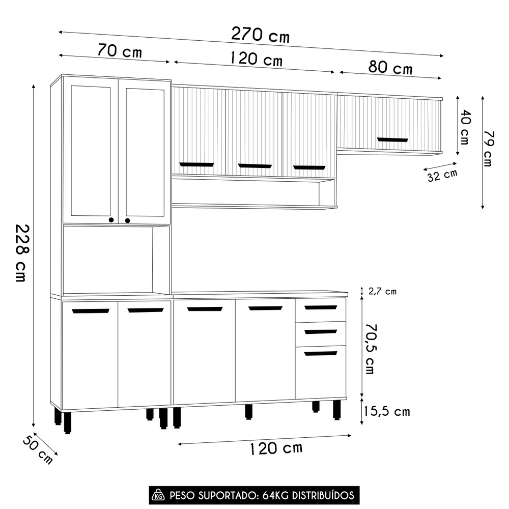 Armário Cozinha CP01 e Tampo Rita Freijó/Ripado/Off Acetinado Z44 - Mpozenato