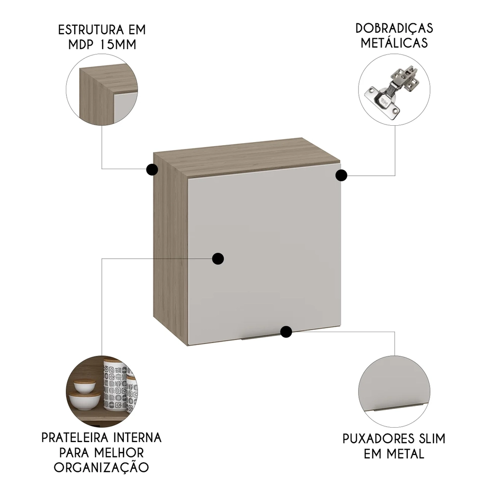 Armário de Cozinha Aéreo 58cm Grace Carvalho Oak/Off White Z44 - Mpozenato