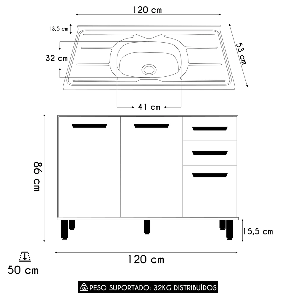 Balcão de Cozinha Com Pia 120cm Rita Freijó/Off Acetinado Z44 - Mpozenato