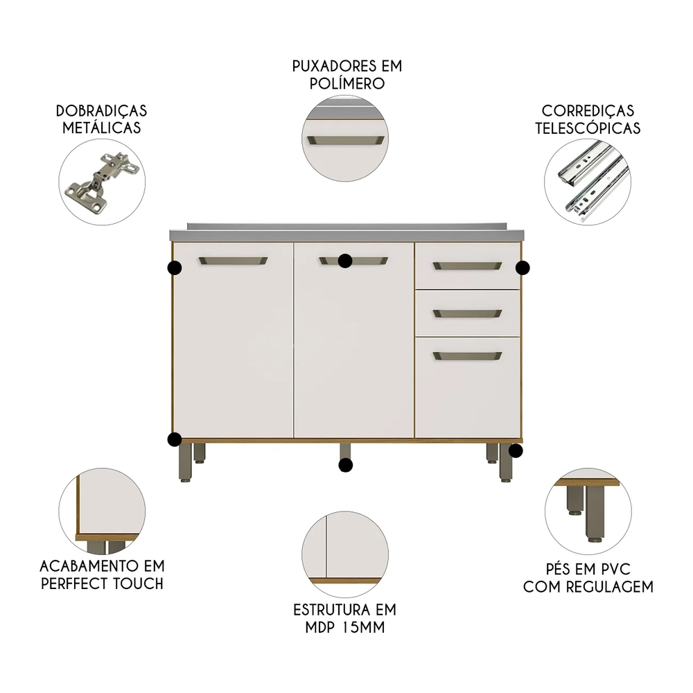 Balcão de Cozinha Com Pia 120cm Rita Freijó/Off Acetinado Z44 - Mpozenato