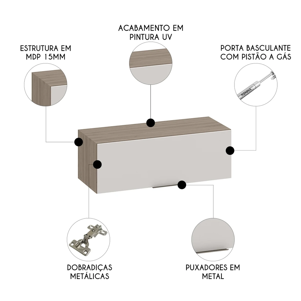 Armário de Cozinha Aéreo 80cm Grace Carvalho Oak/Off White Z44 - Mpozenato