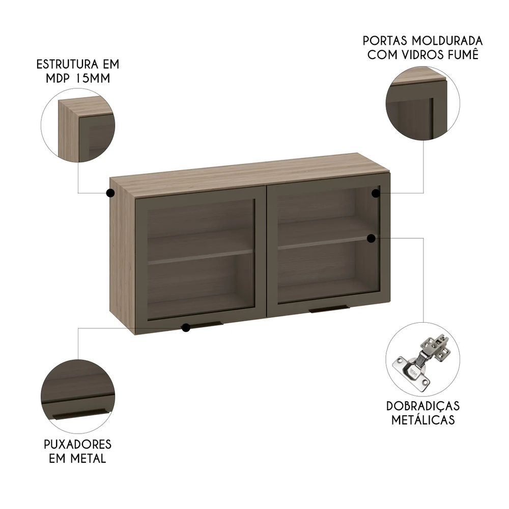 Armário Aéreo 120cm 2 Portas de Vidro Grace Carvalho Oak Z44 - Mpozenato