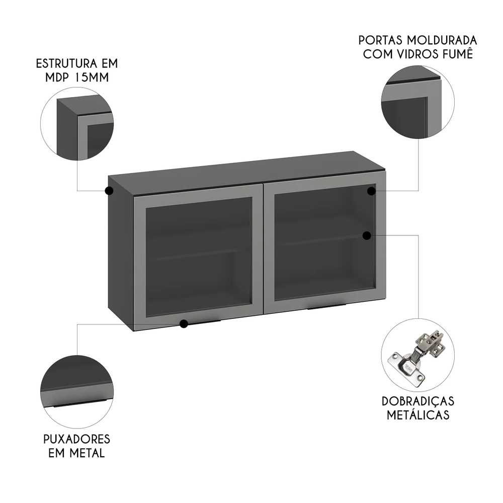 Armário Aéreo 120cm 2 Portas de Vidro Grace Grafite Z44     - Mpozenato
