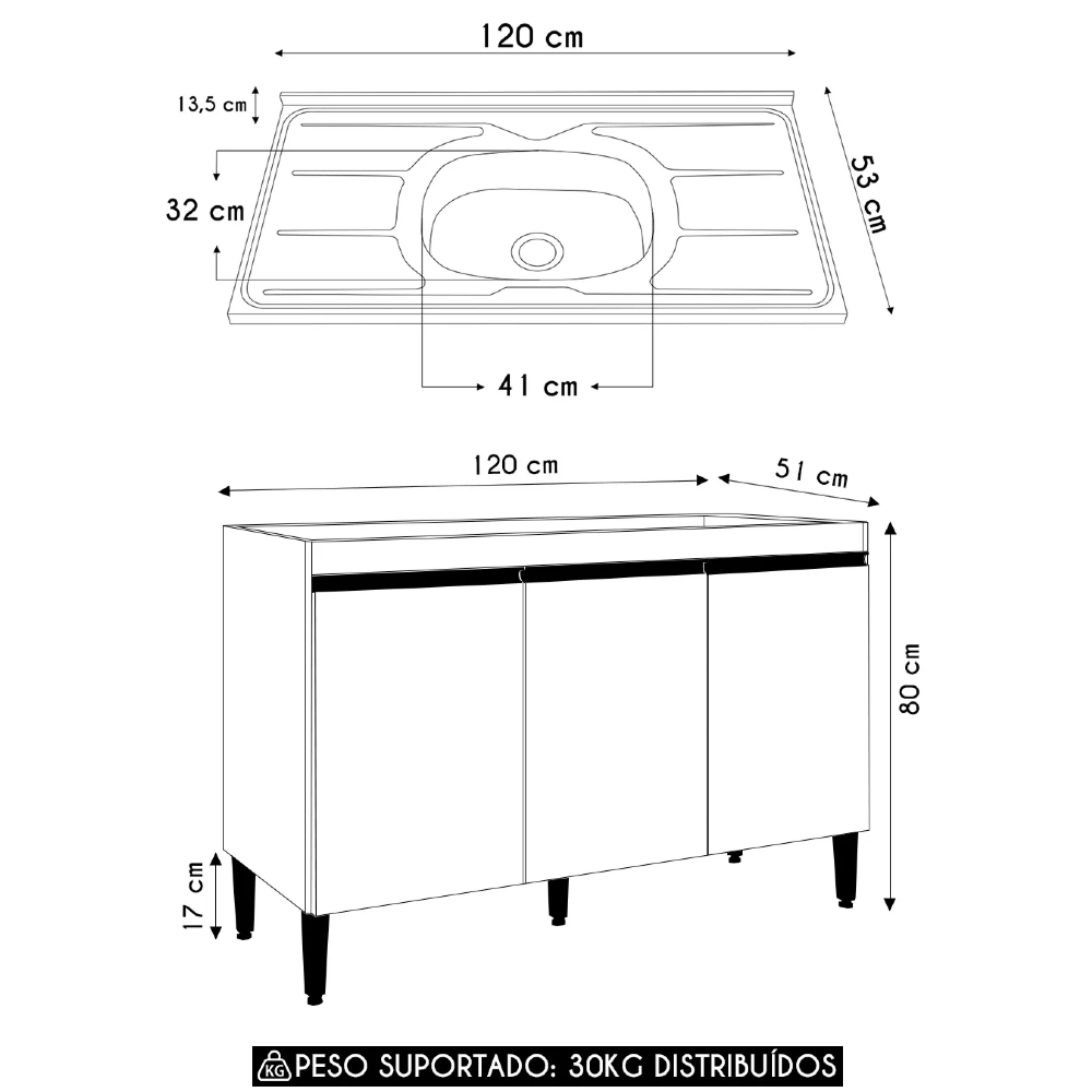Balcão de Cozinha com Pia Inox 120cm Manu Amêndoa/Branco    - AJL Móveis