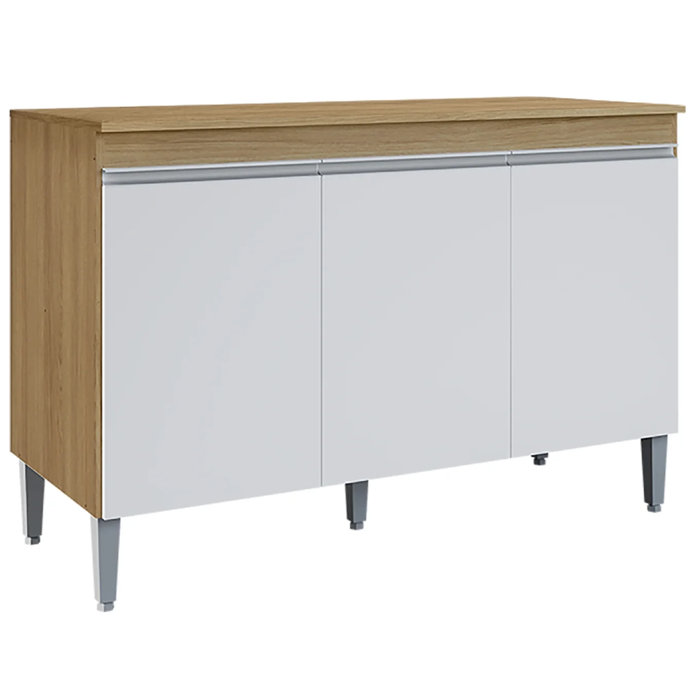 Balcão de Cozinha com Tampo 120cm 3 Portas Manu Amêndoa/Branco - AJL Móveis