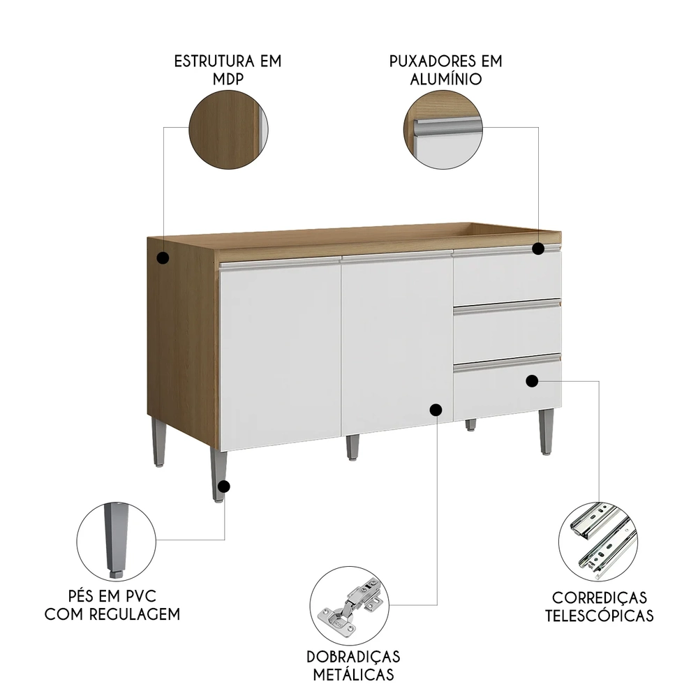 Balcão de Cozinha Para Pia 120cm Andréia Amêndoa/Branco     - AJL Móveis