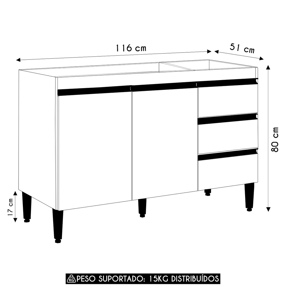 Balcão de Cozinha Para Pia 120cm Andréia Amêndoa/Branco     - AJL Móveis