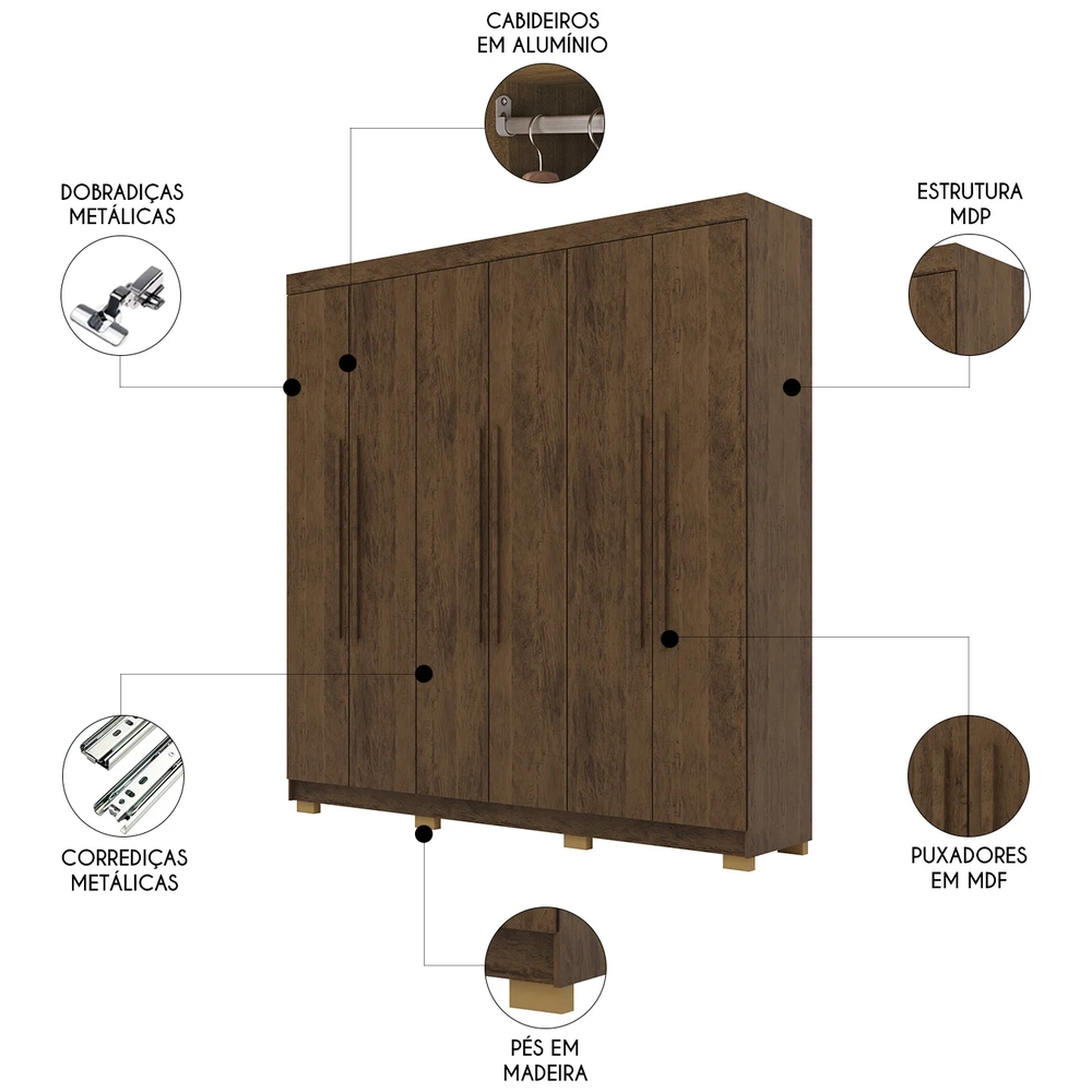 Guarda Roupa Casal 218cm 6 Portas Elegance Imbuia Rústico   - Vila Rica