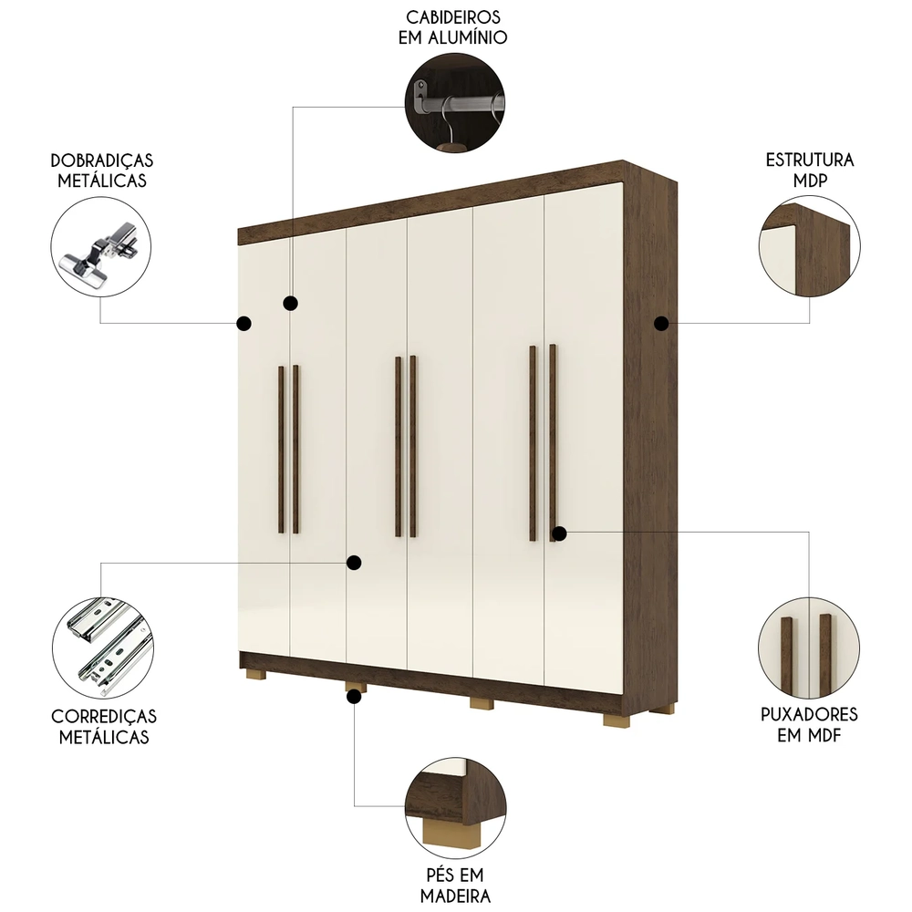 Guarda Roupa Casal 218cm 6 Portas Elegance Imbuia/Champanhe - Vila Rica