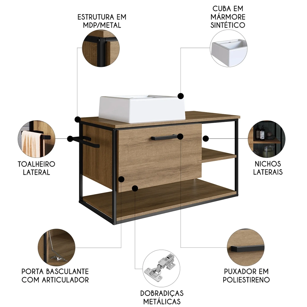 Gabinete de Banheiro Suspenso 80cm com Cuba Yuri Mel Z54 - Mpozenato