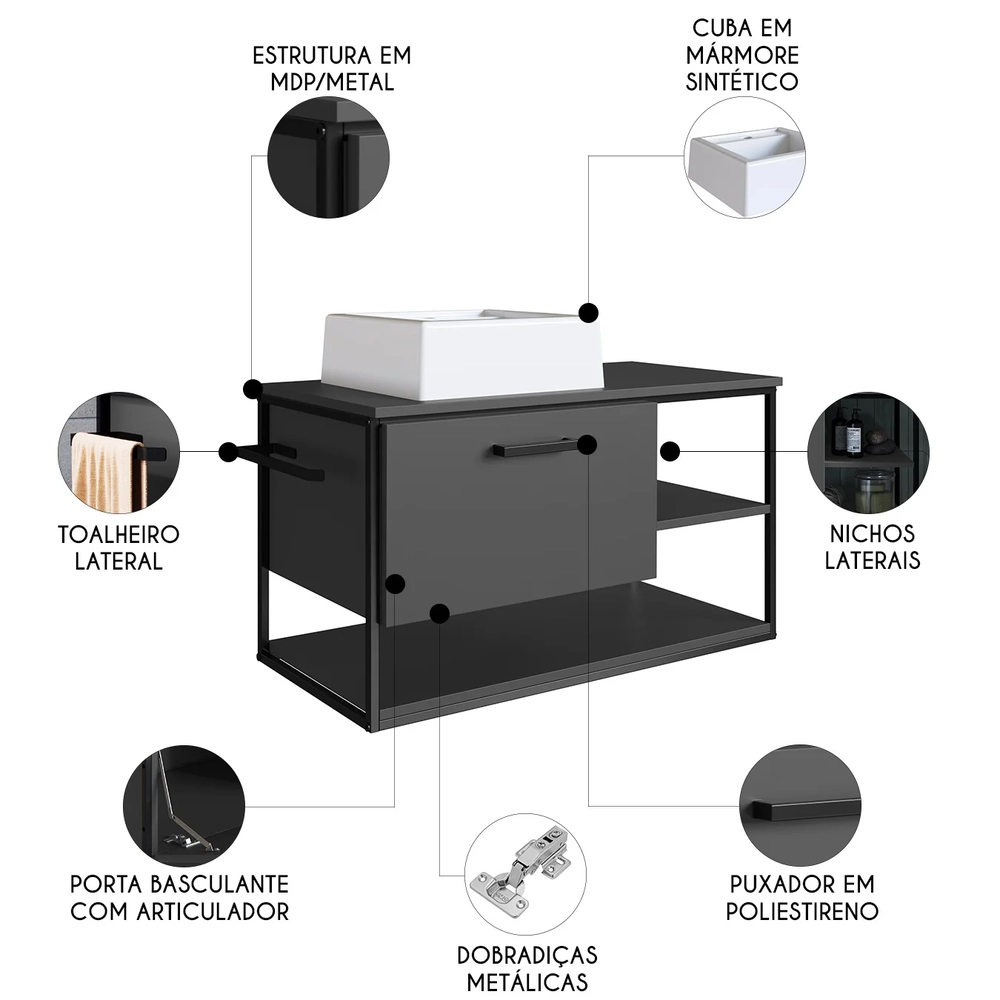 Gabinete de Banheiro Suspenso 80cm com Cuba Yuri Grafite Z54 - Mpozenato