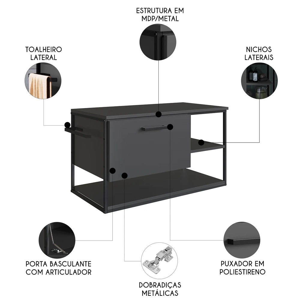 Gabinete de Banheiro Suspenso 80cm Para Cuba Yuri Grafite Z54 - Mpozenato