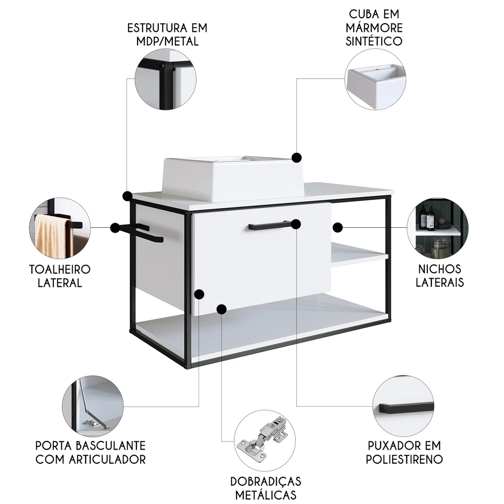 Gabinete de Banheiro Suspenso 80cm com Cuba Yuri Branco Z54 - Mpozenato
