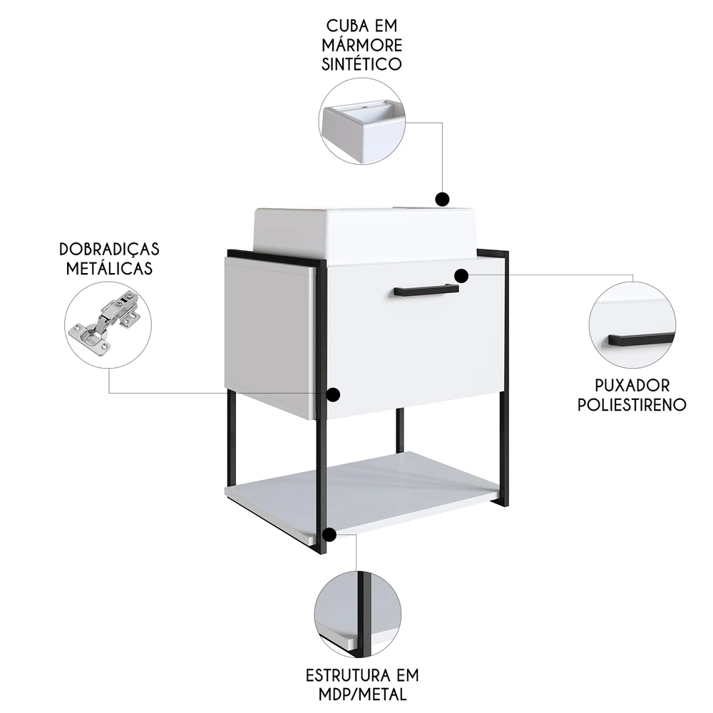 Gabinete de Banheiro Suspenso 50cm com Cuba Moly Branco Z54 - Mpozenato