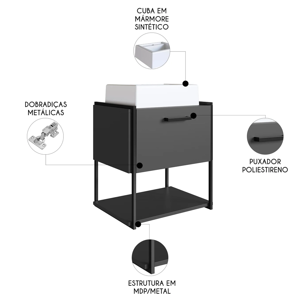 Gabinete de Banheiro Suspenso 50cm com Cuba Moly Grafite Z54 - Mpozenato