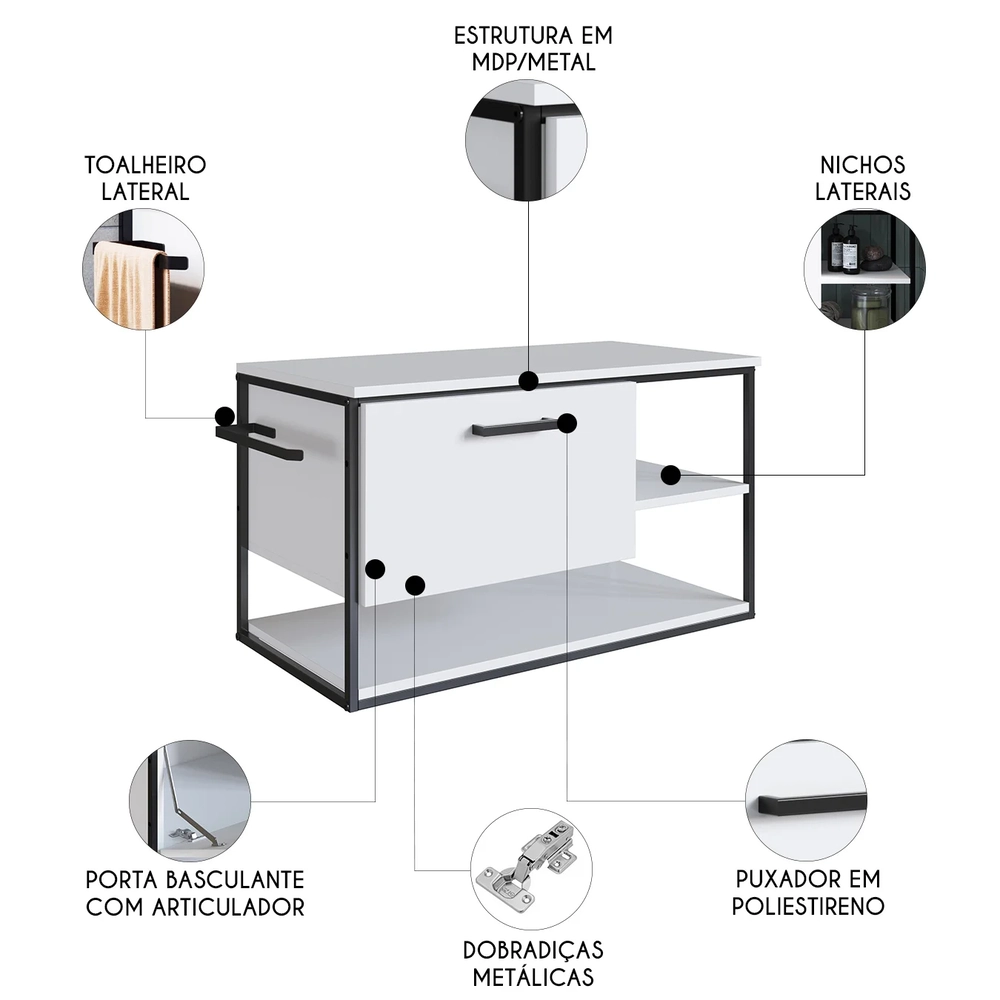 Gabinete de Banheiro Suspenso 80cm Para Cuba Yuri Branco Z54 - Mpozenato