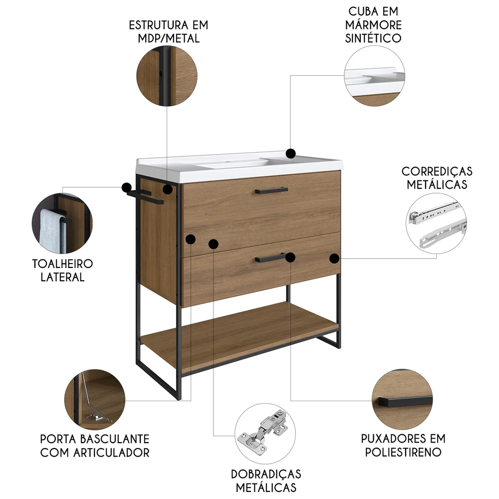 Gabinete de Banheiro 80cm Industrial com Pia Zaqui Mel Z54 - Mpozenato