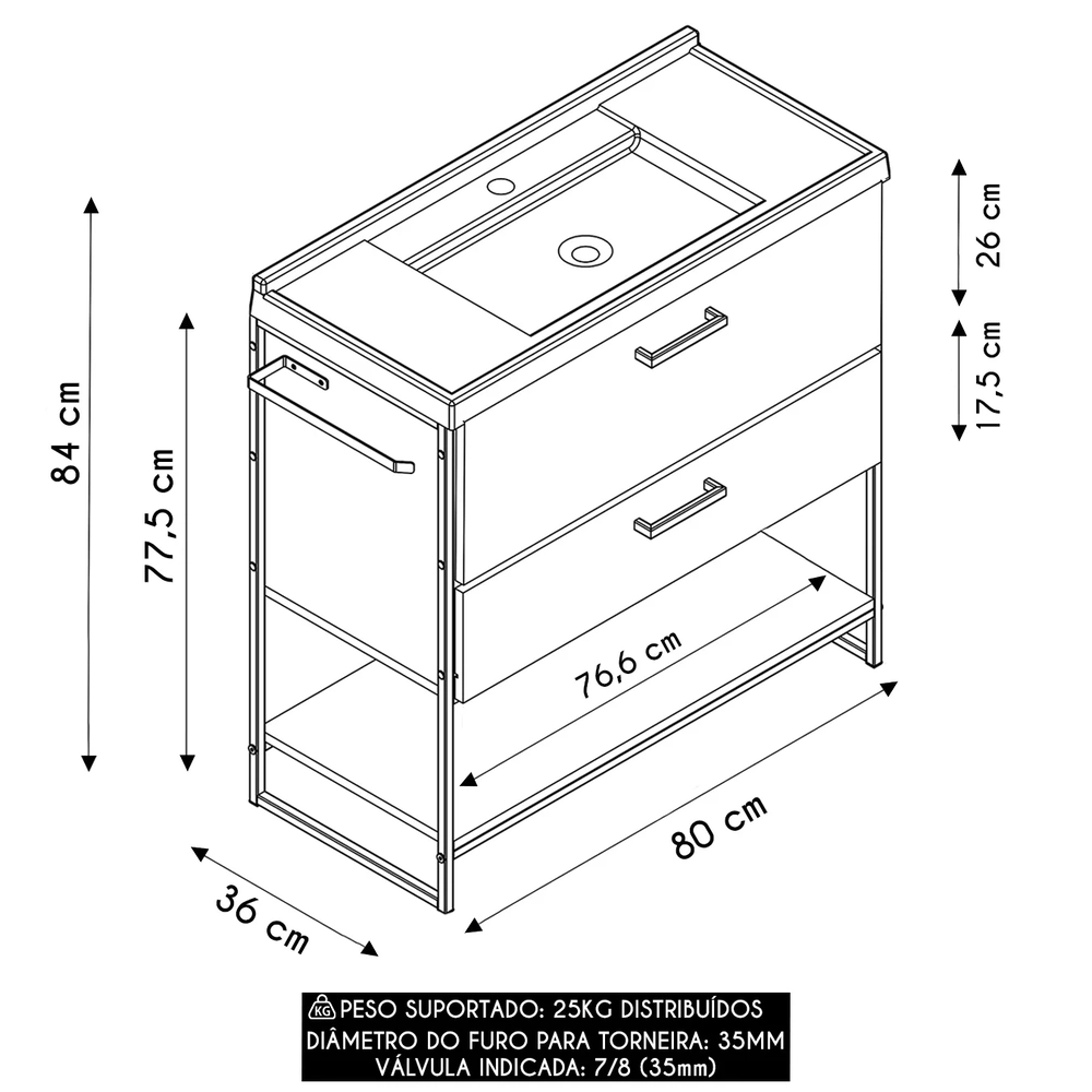 Gabinete de Banheiro 80cm Industrial com Pia Zaqui Mel Z54 - Mpozenato