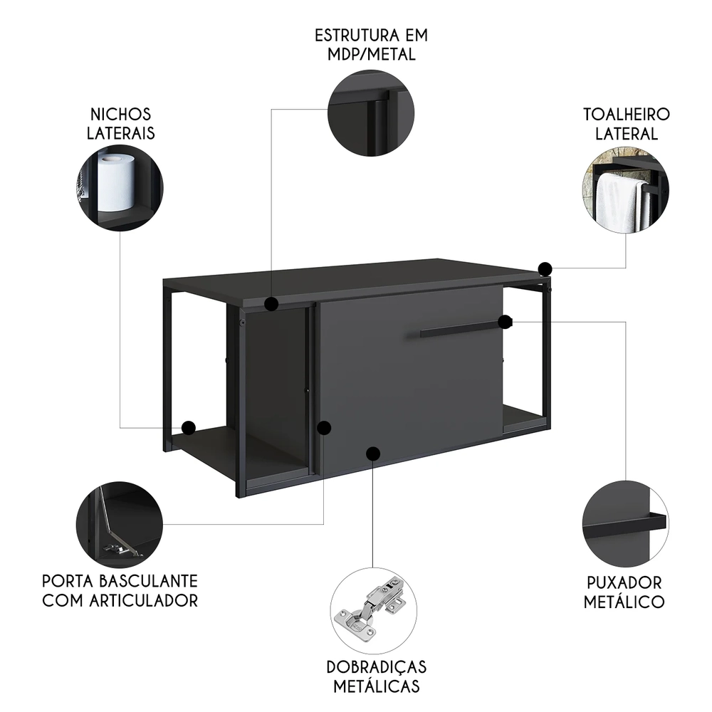 Gabinete de Banheiro Suspenso 80cm Para Cuba Ripy Grafite Z54 - Mpozenato