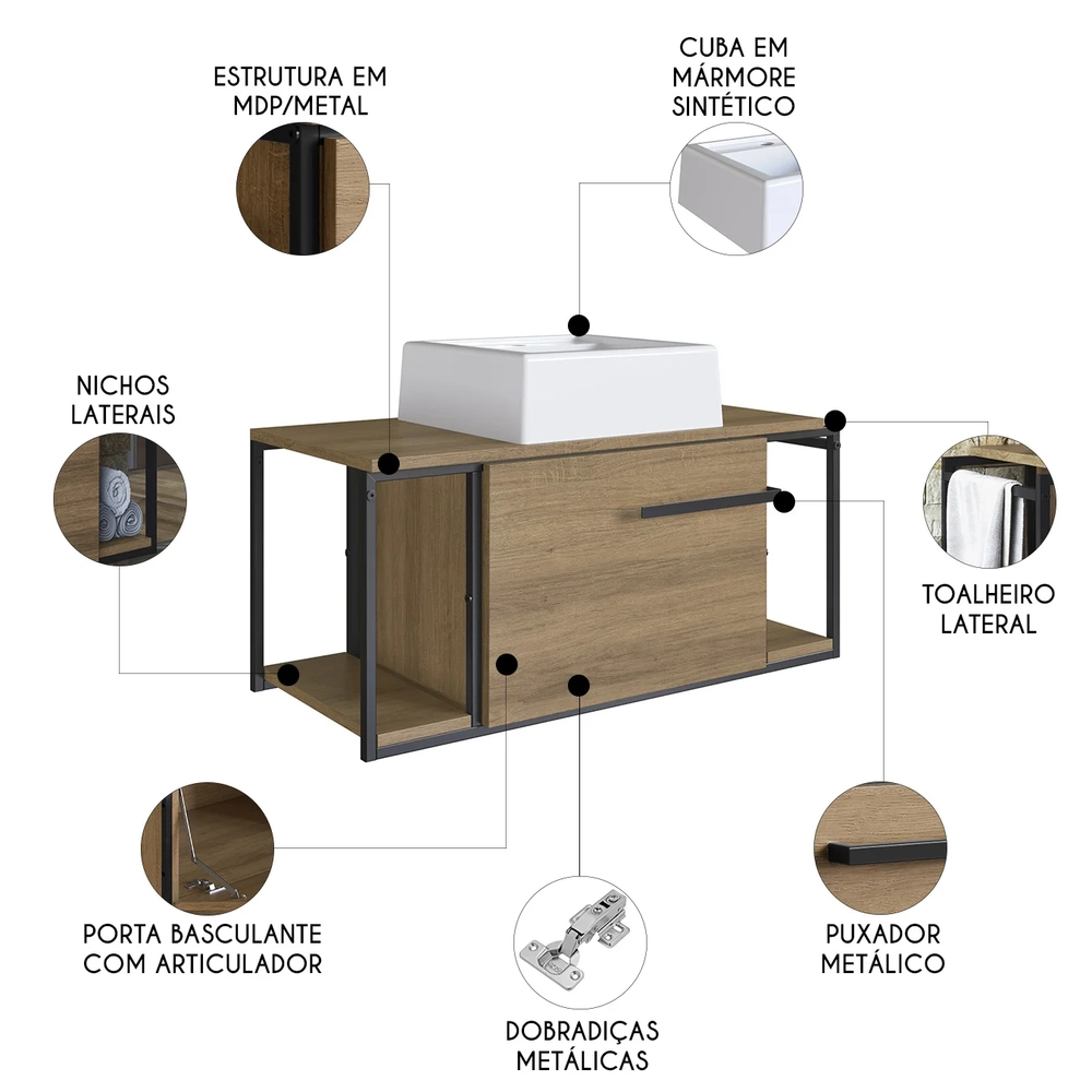 Gabinete Banheiro Suspenso 80cm Cuba Quadrada Ripy Mel/Branco Z54 - Mpozenato