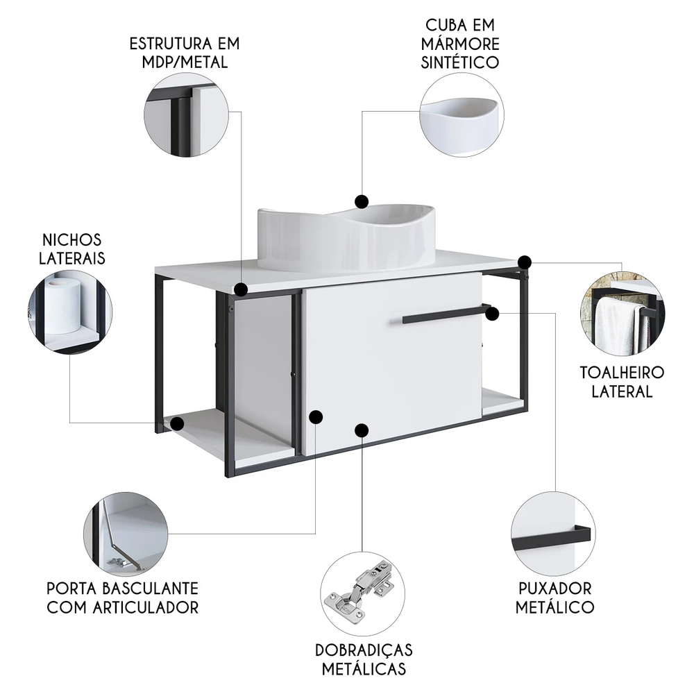 Gabinete Banheiro Suspenso 80cm Cuba Oval Ripy Branco Z54   - Mpozenato