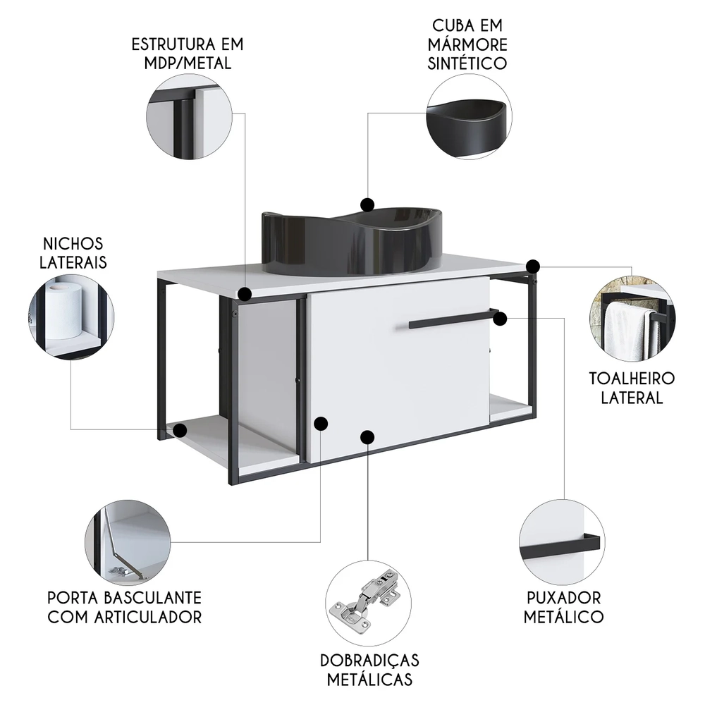 Gabinete Banheiro Suspenso 80cm Cuba Oval Ripy Branco/Preto Z54 - Mpozenato
