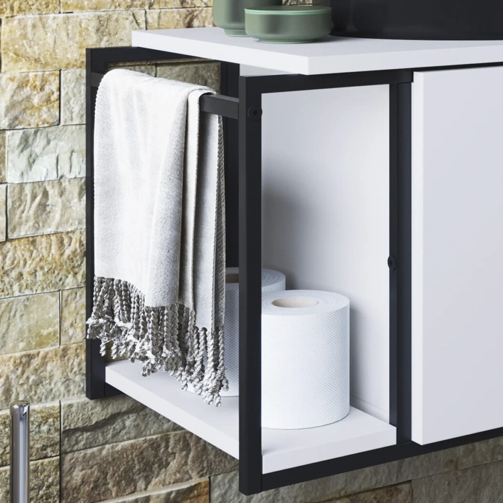 Gabinete Banheiro Suspenso 80cm Cuba Oval Ripy Branco/Preto Z54 - Mpozenato