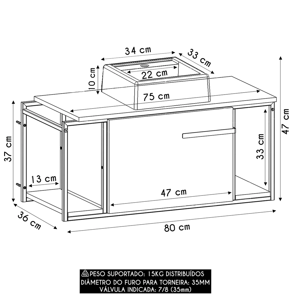 Gabinete Banheiro Suspenso 80cm Cuba Quadrada Ripy Mel/Preto Z54 - Mpozenato