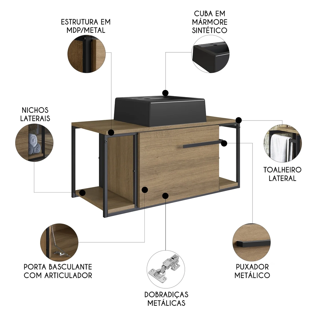 Gabinete Banheiro Suspenso 80cm Cuba Quadrada Ripy Mel/Preto Z54 - Mpozenato