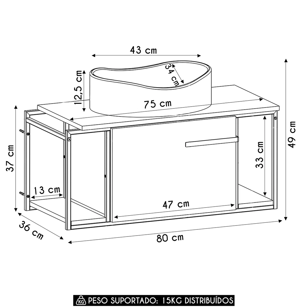 Gabinete Banheiro Suspenso 80cm Cuba Oval Ripy Grafite/Preto Z54 - Mpozenato