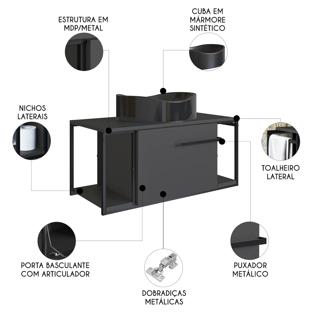 Gabinete Banheiro Suspenso 80cm Cuba Oval Ripy Grafite/Preto Z54 - Mpozenato