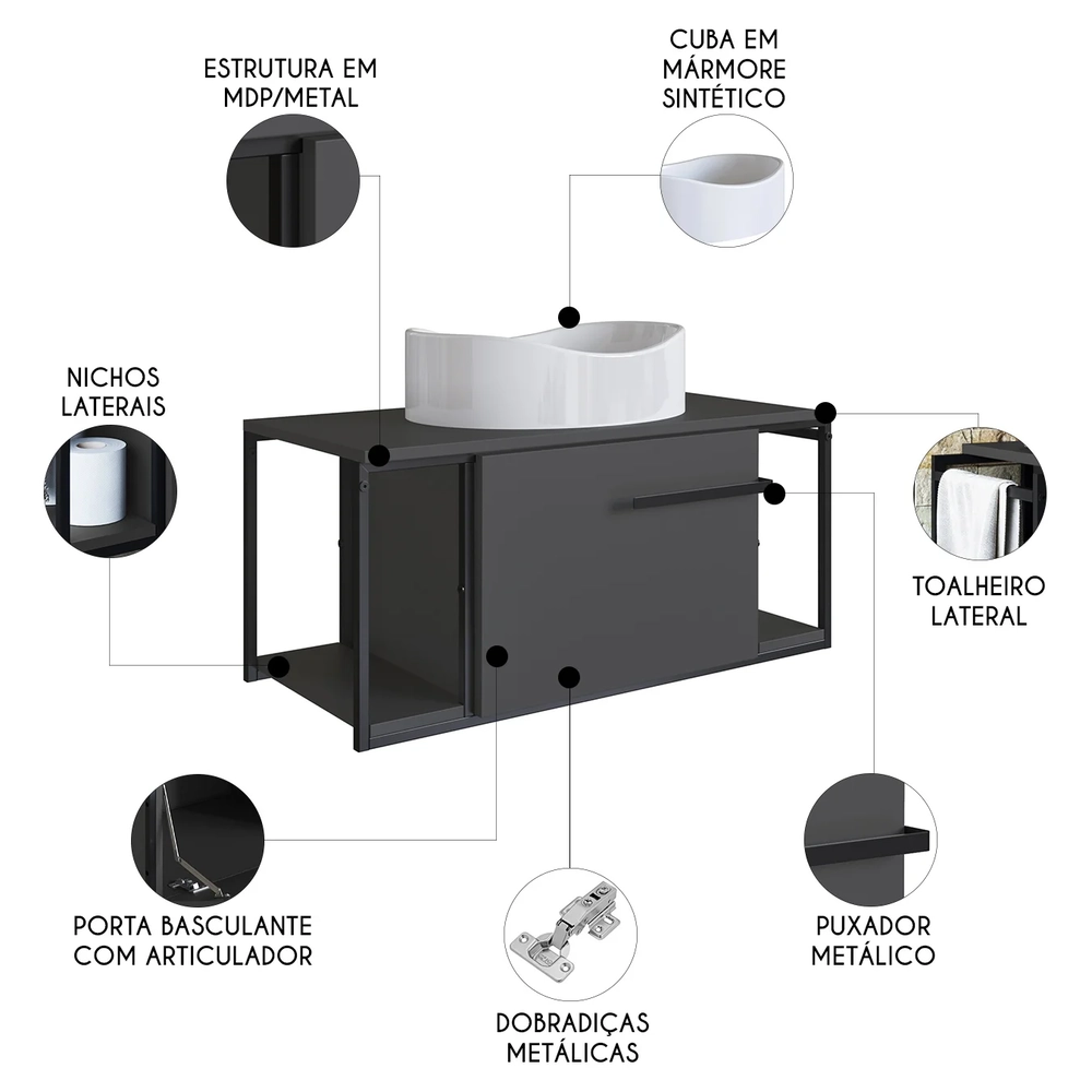 Gabinete Banheiro Suspenso 80cm Cuba Oval Ripy Grafite/Branco Z54 - Mpozenato