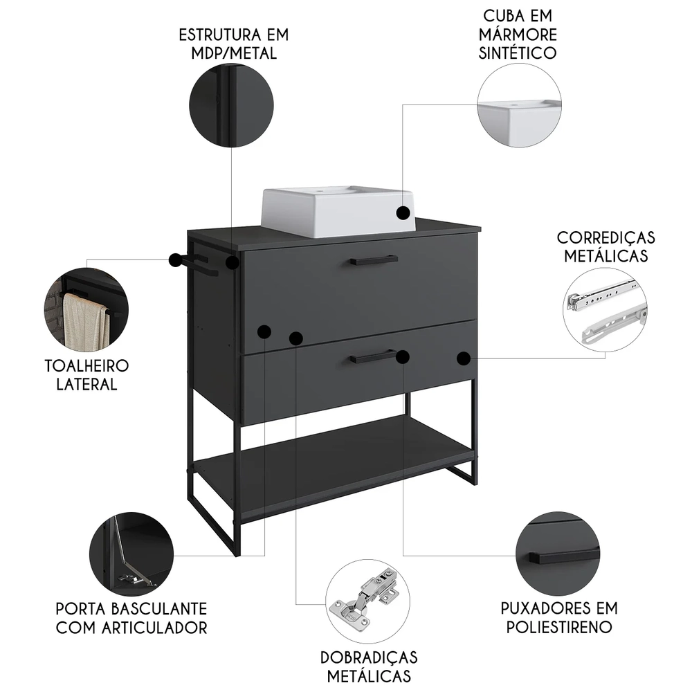 Gabinete de Banheiro 80cm Industrial com Cuba Satto Grafite Z54 - Mpozenato