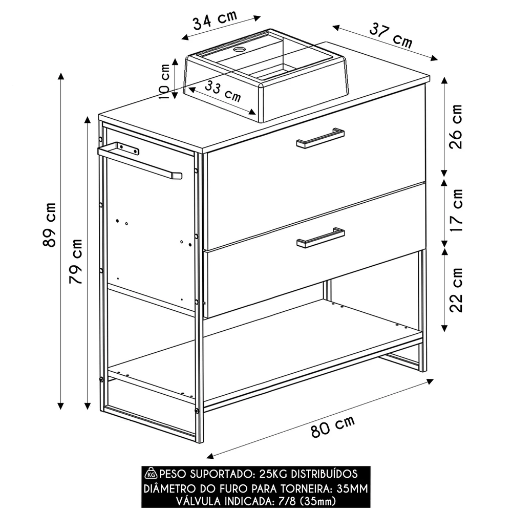 Gabinete de Banheiro 80cm Industrial com Cuba Satto Mel Z54 - Mpozenato