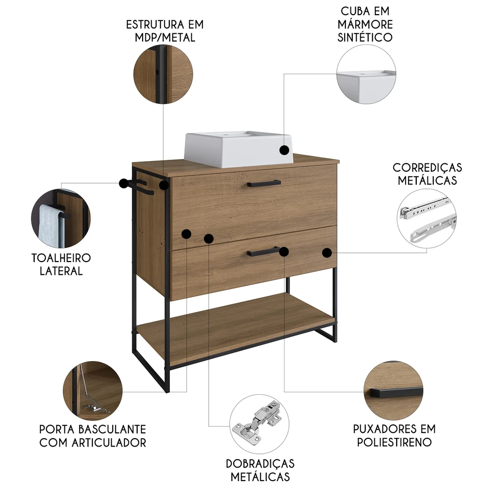 Gabinete de Banheiro 80cm Industrial com Cuba Satto Mel Z54 - Mpozenato