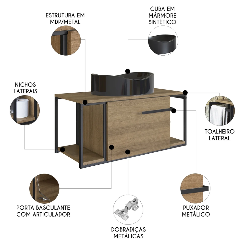 Gabinete Banheiro Suspenso 80cm Cuba Oval Ripy Mel/Preto Z54 - Mpozenato