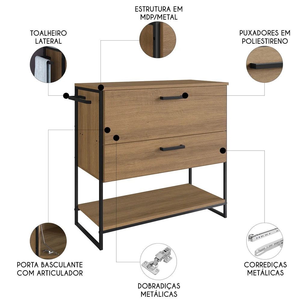 Gabinete de Banheiro 80cm Industrial Para Cuba Satto Mel Z54 - Mpozenato