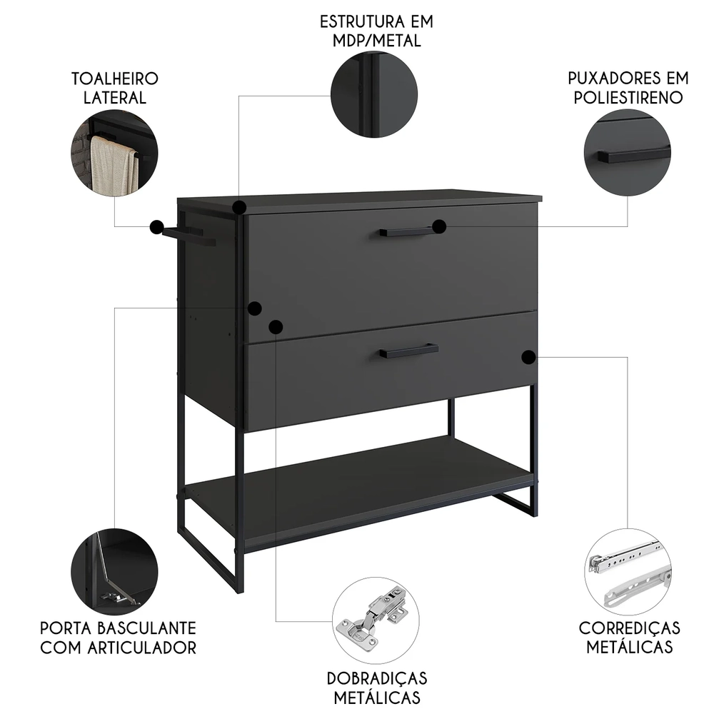 Gabinete de Banheiro 80cm Industrial Para Cuba Satto Grafite Z54 - Mpozenato