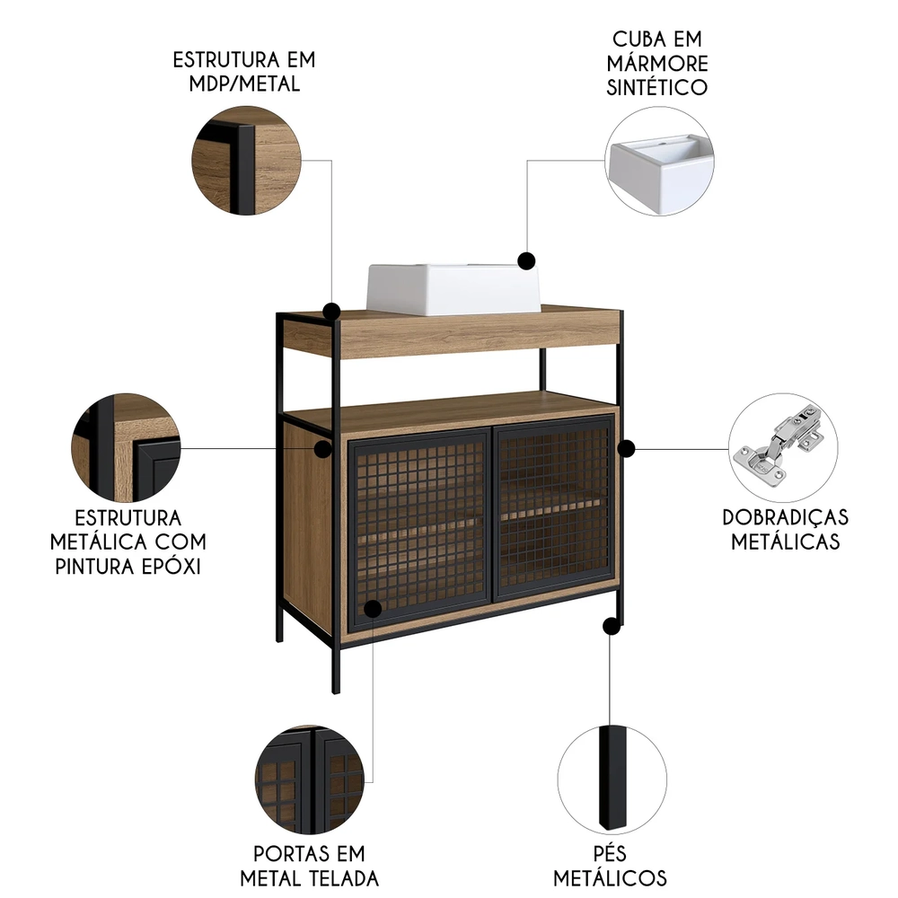Gabinete de Banheiro 80cm Industrial com Cuba Liny Mel Z54 - Mpozenato