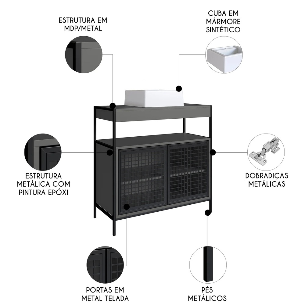 Gabinete de Banheiro 80cm Industrial com Cuba Liny Grafite Z54 - Mpozenato