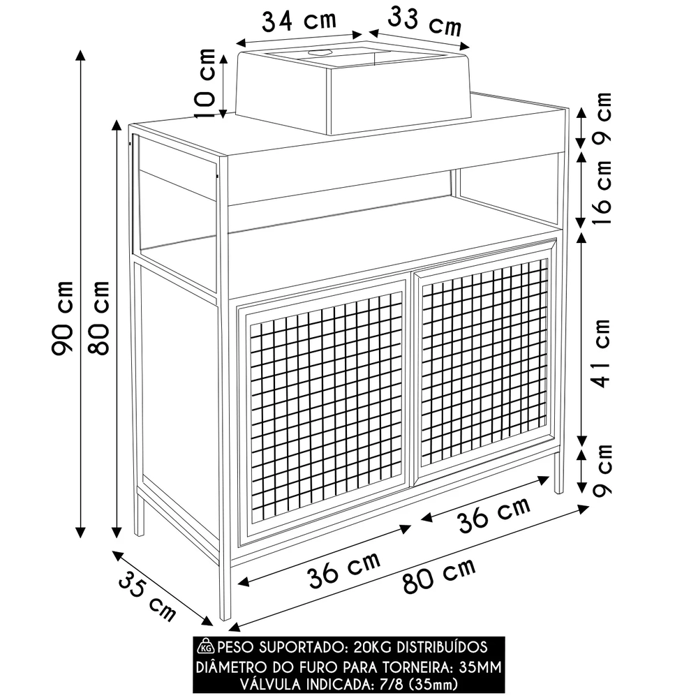 Gabinete de Banheiro 80cm Industrial com Cuba Liny Grafite Z54 - Mpozenato