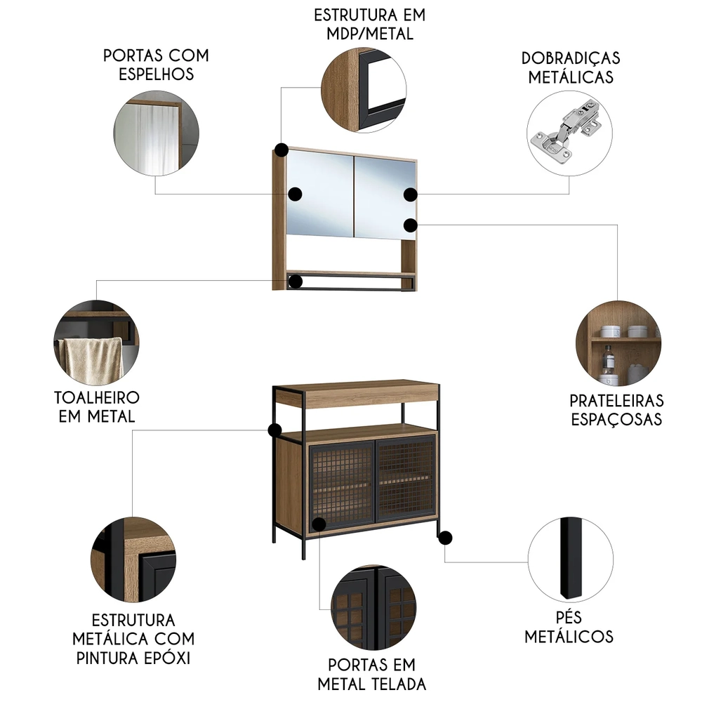 Gabinete de Banheiro Liny 80cm e Espelheira Moscow Mel Z54  - Mpozenato