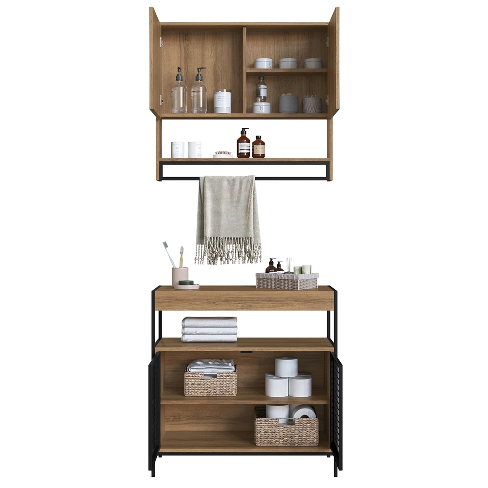 Gabinete de Banheiro Liny 80cm e Espelheira Moscow Mel Z54  - Mpozenato