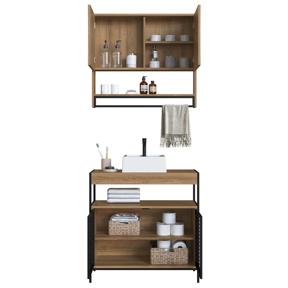 Gabinete Banheiro Liny Com Cuba e Espelheira Moscow Mel Z54 - Mpozenato